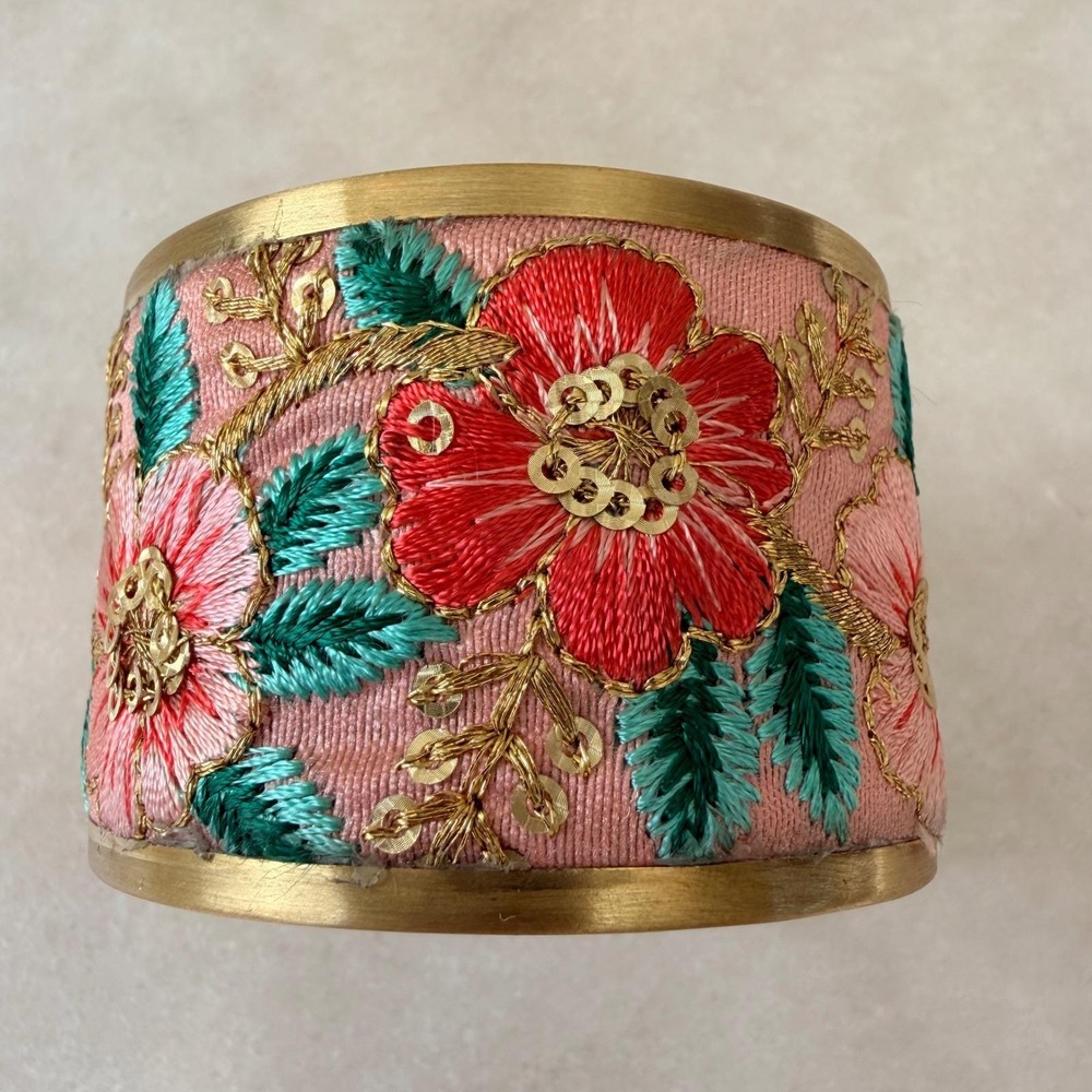 Bohemian‎ Floral Embroidered Wide Cuff Bracelet Gold Tone Pink Sequin Statement - Picture 3 of 11
